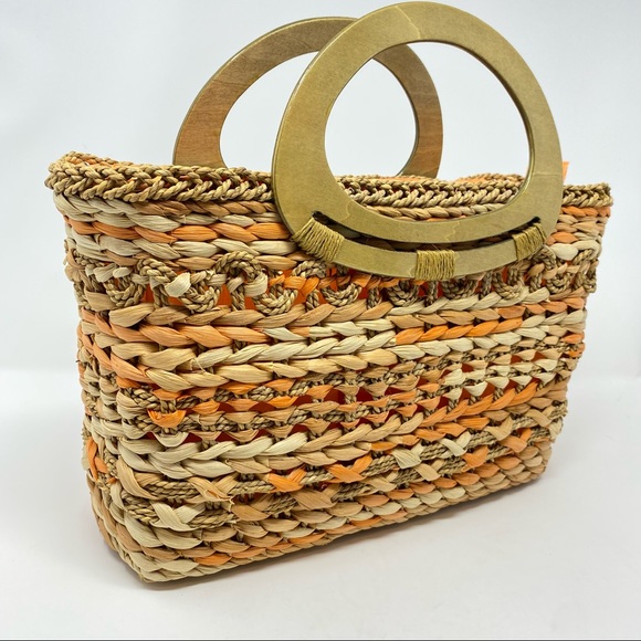 Cappelli Orange Straw Woven Bag With Wooden Handles HOST PICK!!!! - Picture 2 of 11